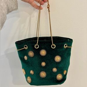LIKE NEW! GREEN VELVET AND GOLD BEADED STATEMENT MINI BAG